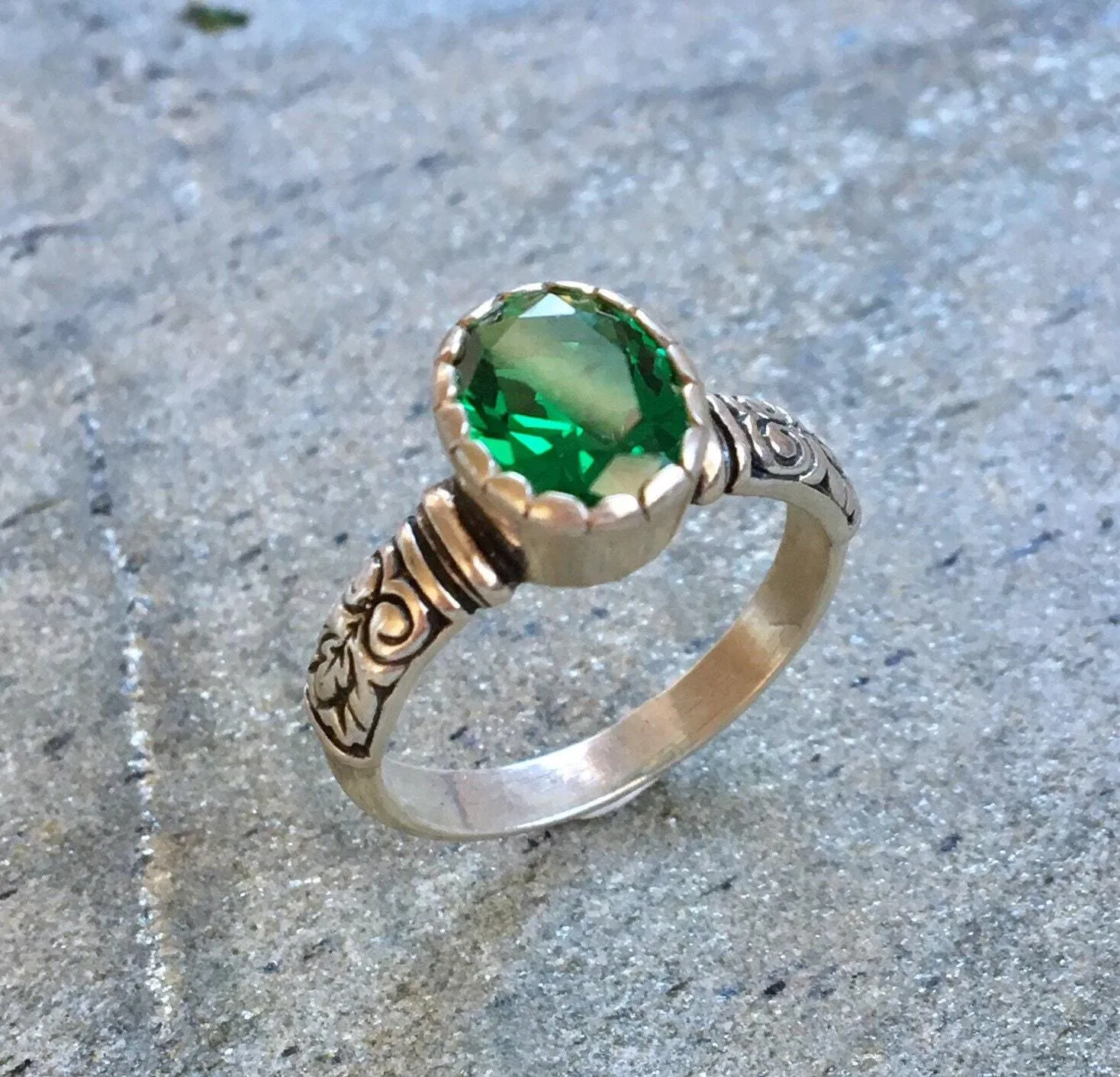 Tribal Emerald Ring - Green Solitaire Ring, Green Vintage Ring