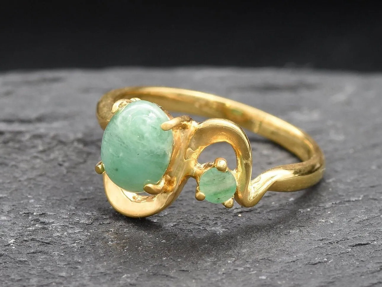 Two Stone Emerald Gold Ring, Statement Emerald Ring, Natural Emerald Ring