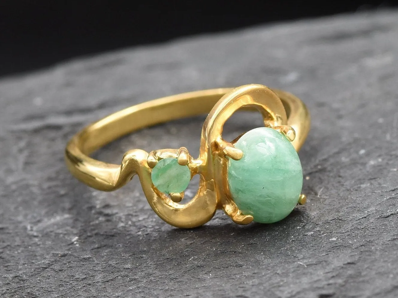 Two Stone Emerald Gold Ring, Statement Emerald Ring, Natural Emerald Ring