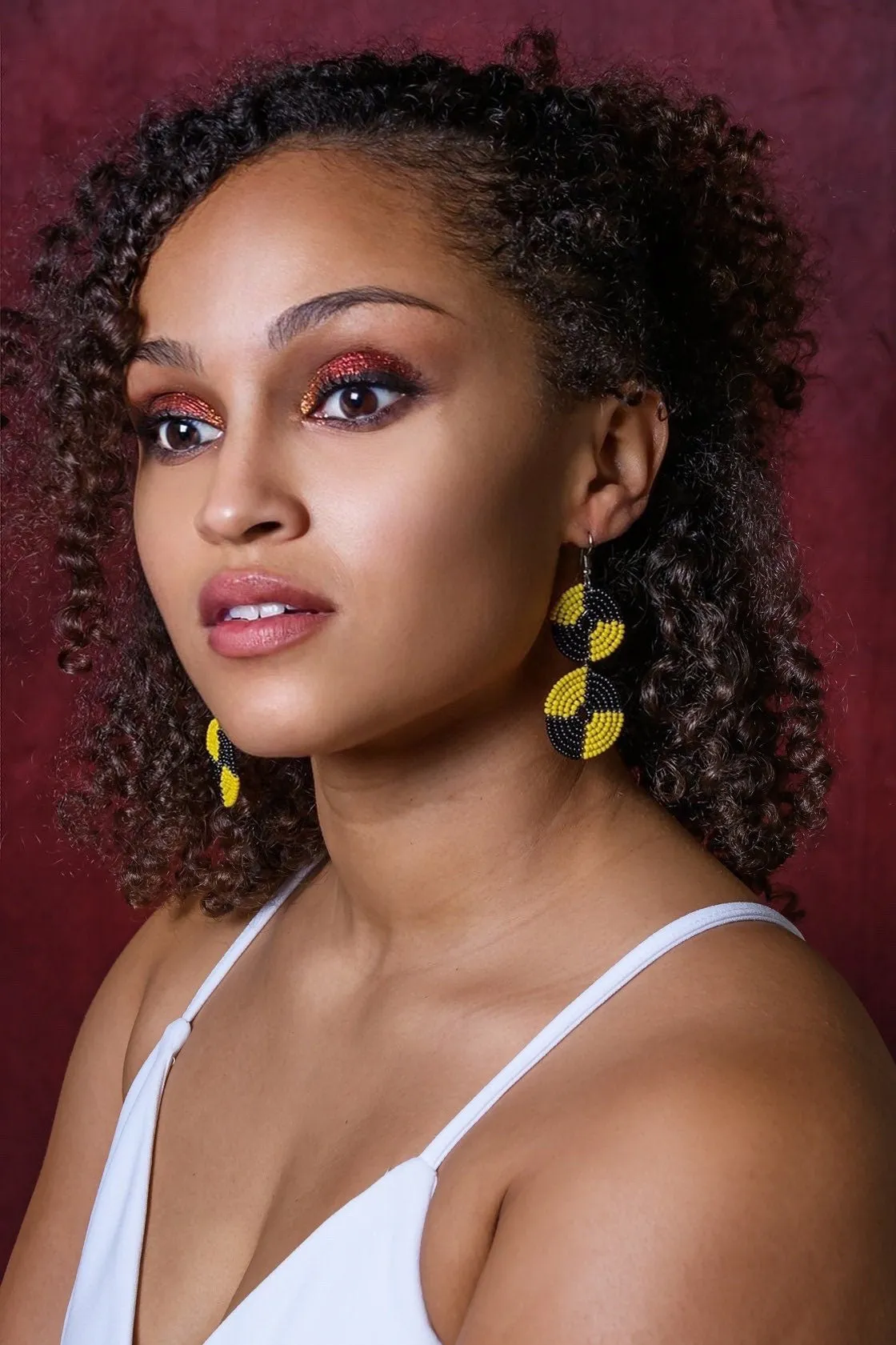 Two-Tone African Hoop Beaded Earrings (Black & Yellow)