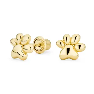 Unisex 14K Gold Pet Paw Print Stud Earrings with Safety Clutch Screw Back