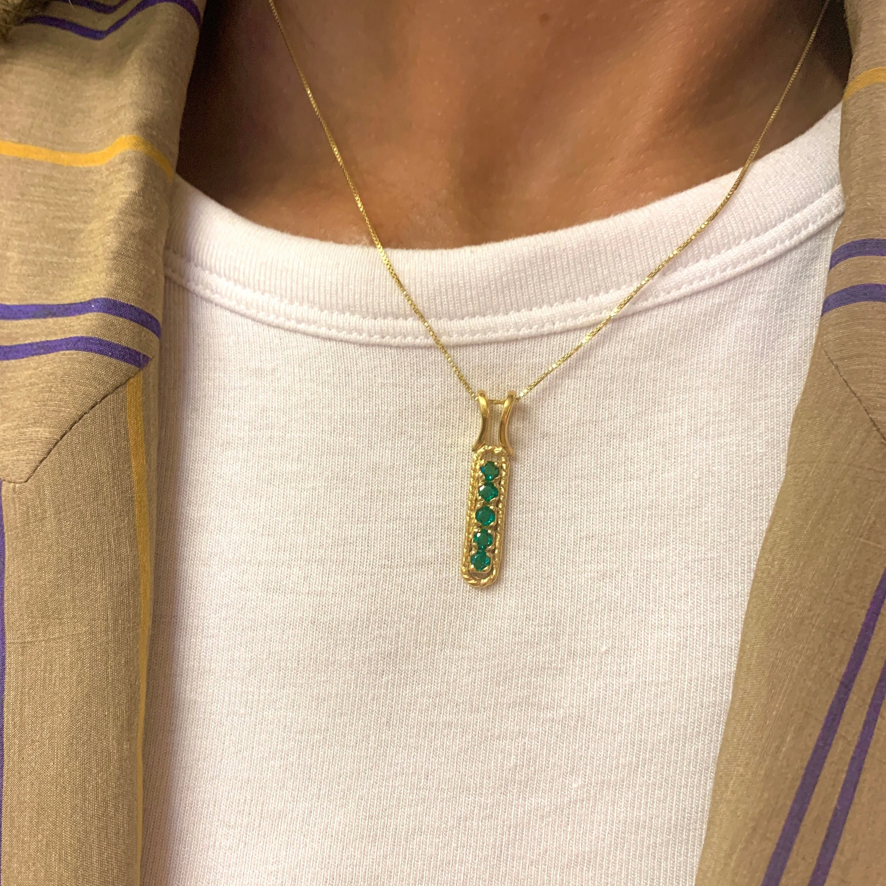 Vertical Emerald Pendant - Green Vintage Necklace -Gold Emerald Necklace