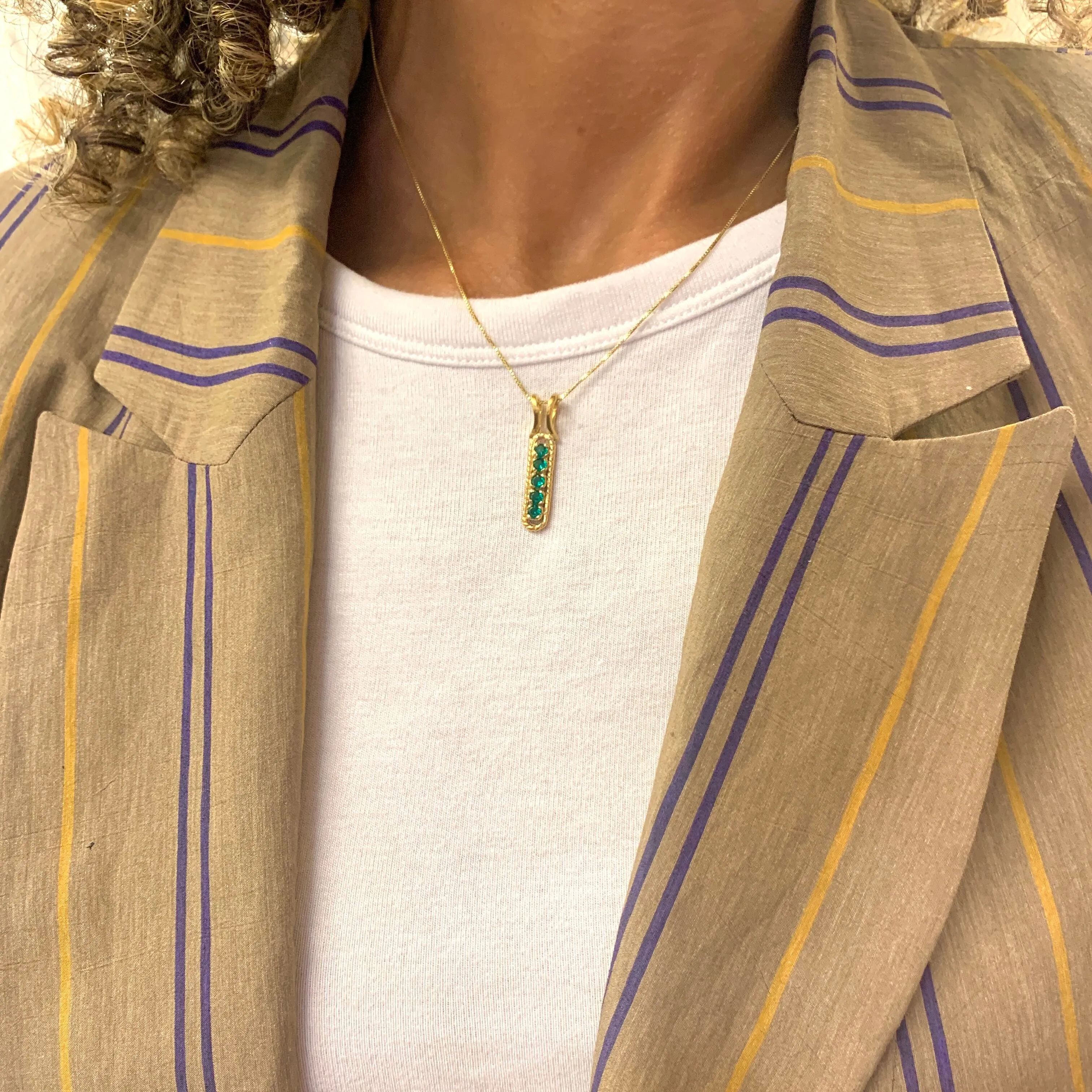 Vertical Emerald Pendant - Green Vintage Necklace -Gold Emerald Necklace