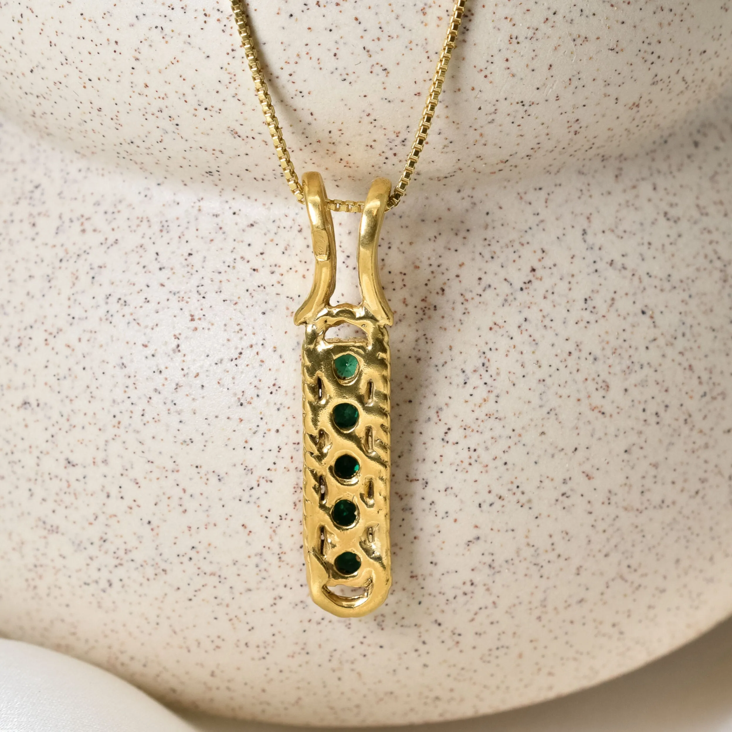 Vertical Emerald Pendant - Green Vintage Necklace -Gold Emerald Necklace