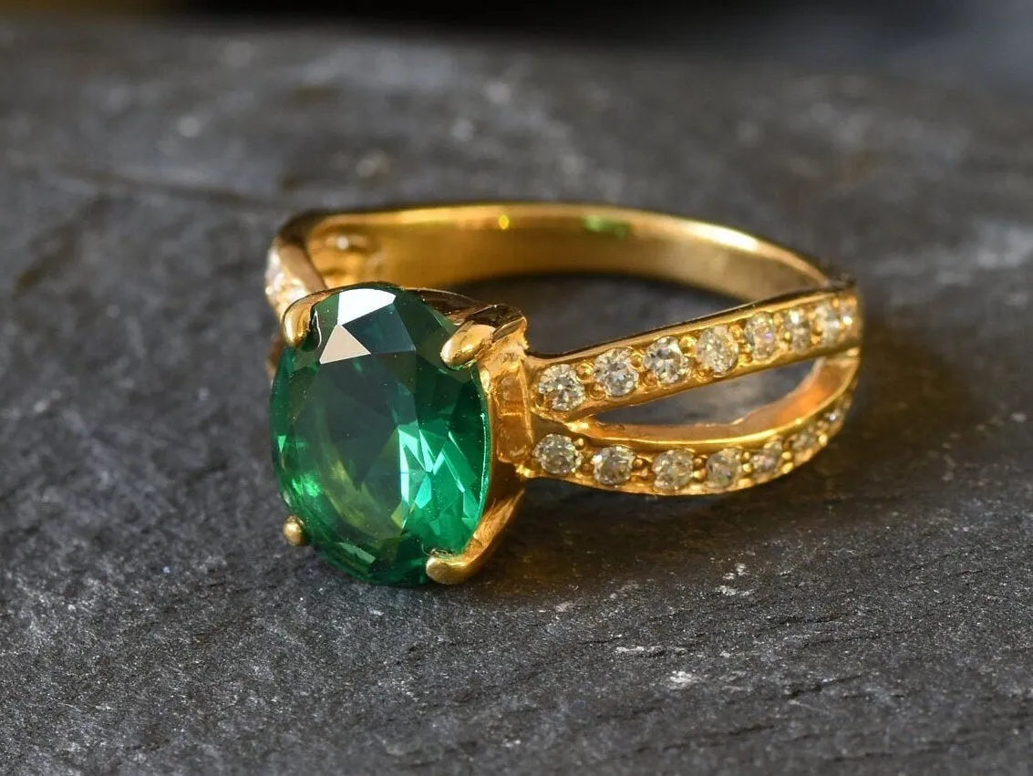 Vintage Emerald Ring - Gold Split Paved Band - May Birthstone Ring