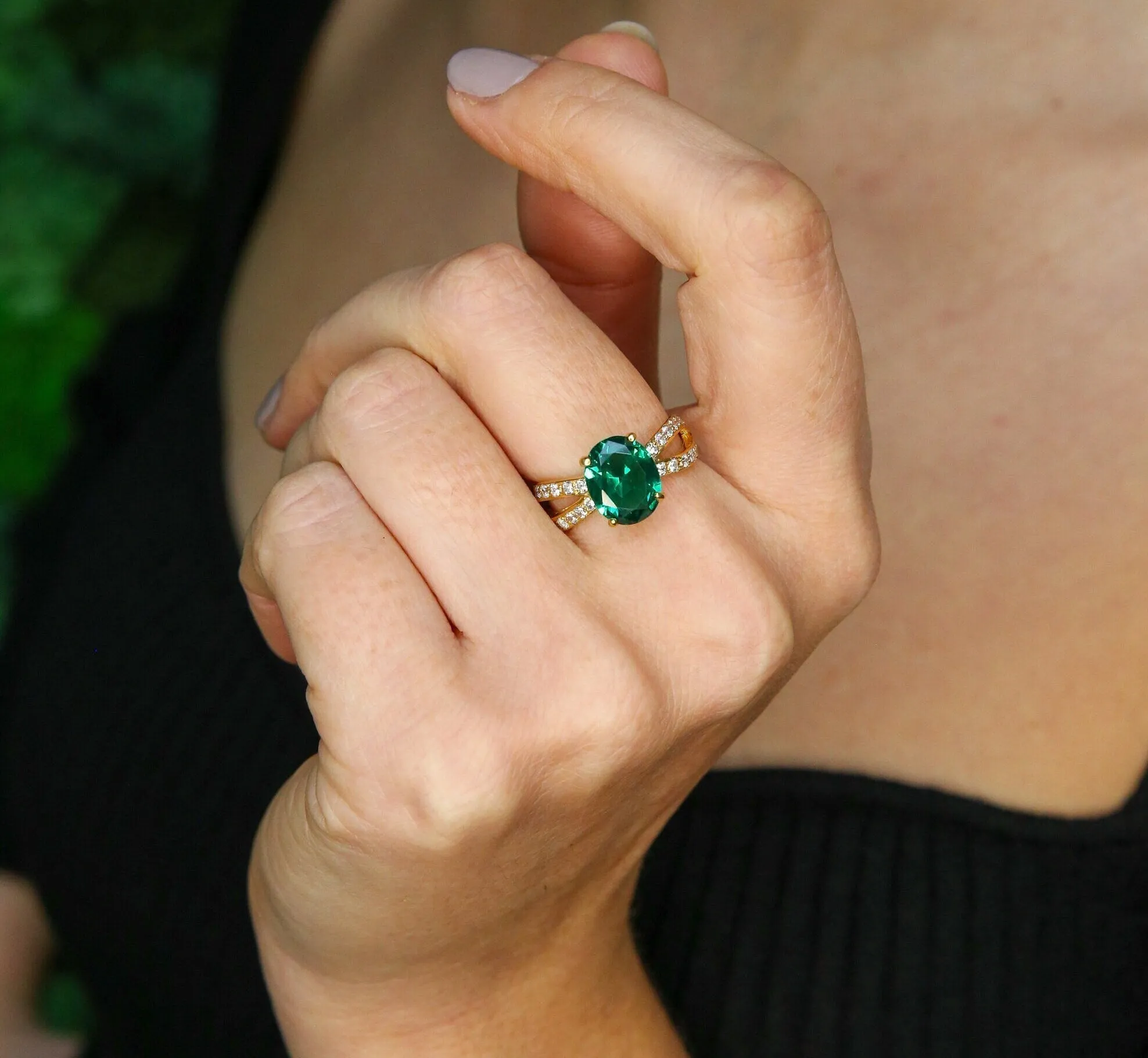 Vintage Emerald Ring - Gold Split Paved Band - May Birthstone Ring