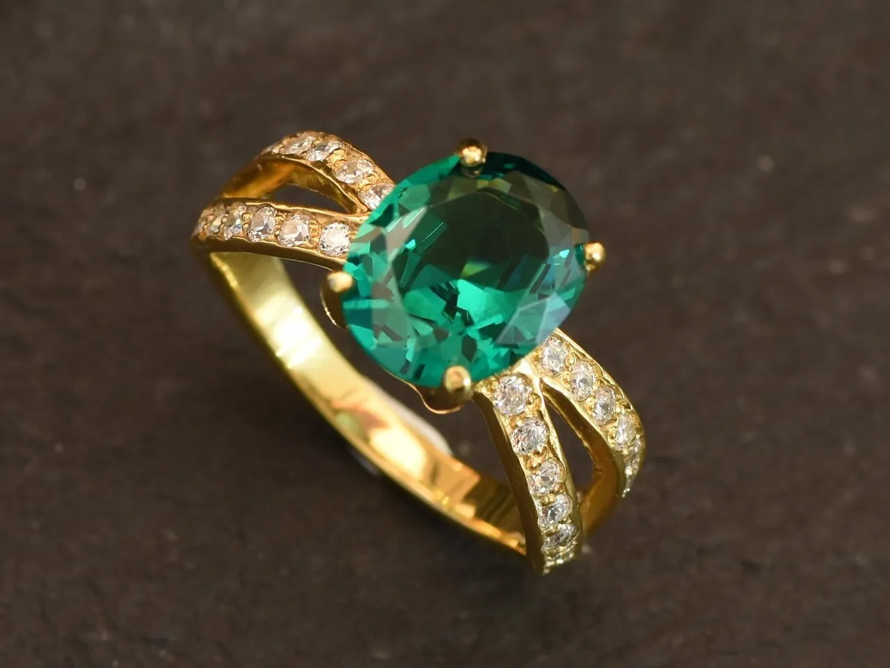 Vintage Emerald Ring - Gold Split Paved Band - May Birthstone Ring