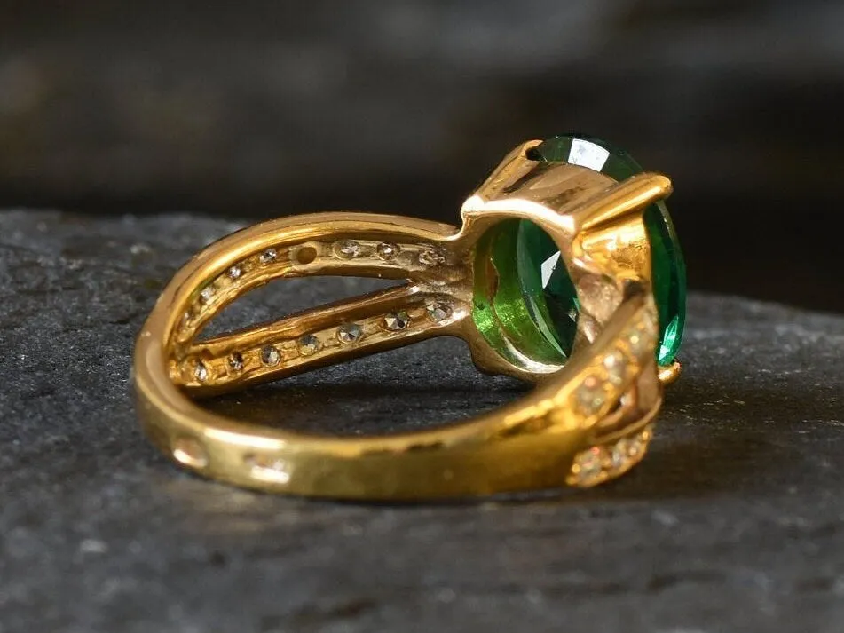 Vintage Emerald Ring - Gold Split Paved Band - May Birthstone Ring