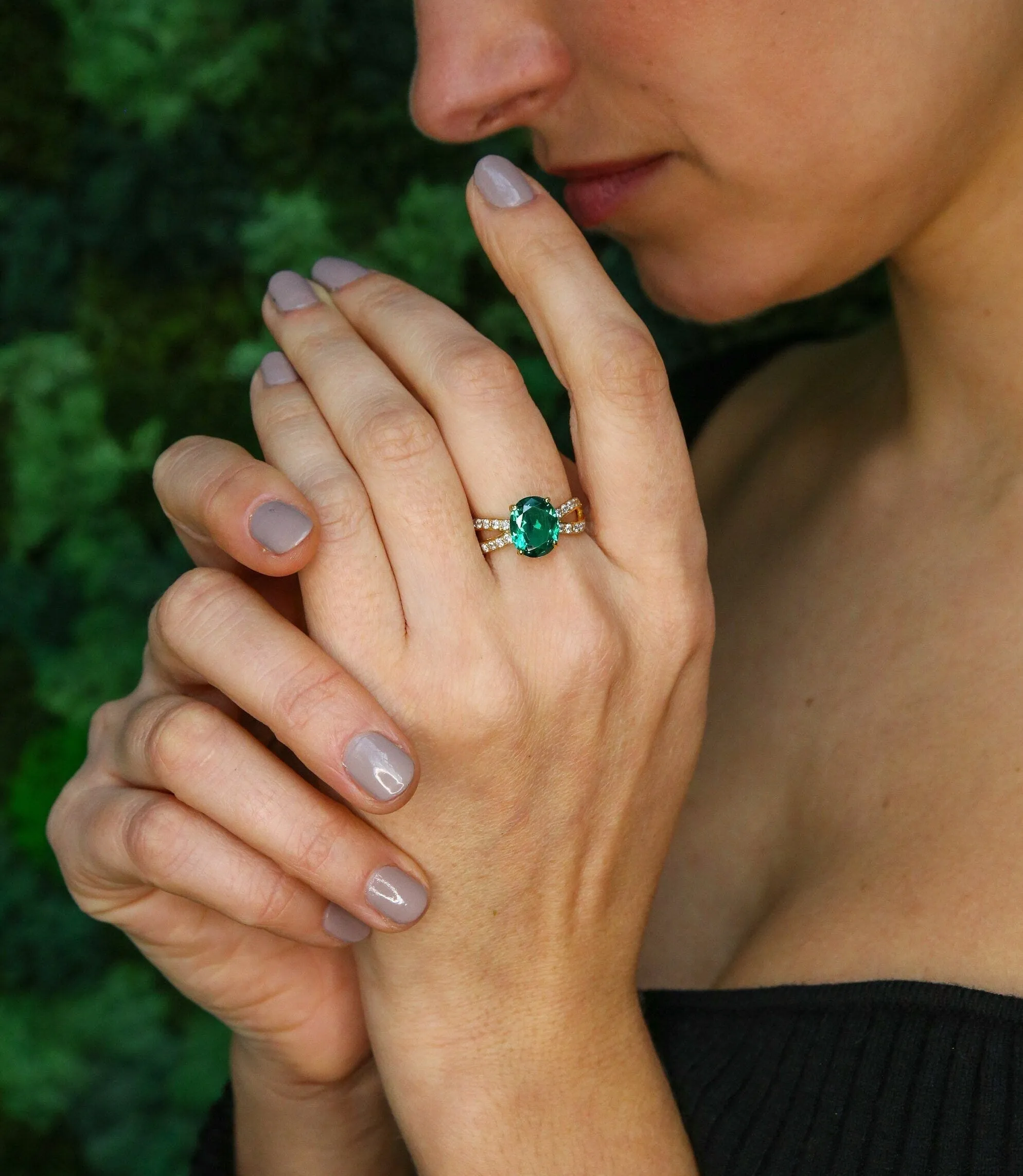 Vintage Emerald Ring - Gold Split Paved Band - May Birthstone Ring