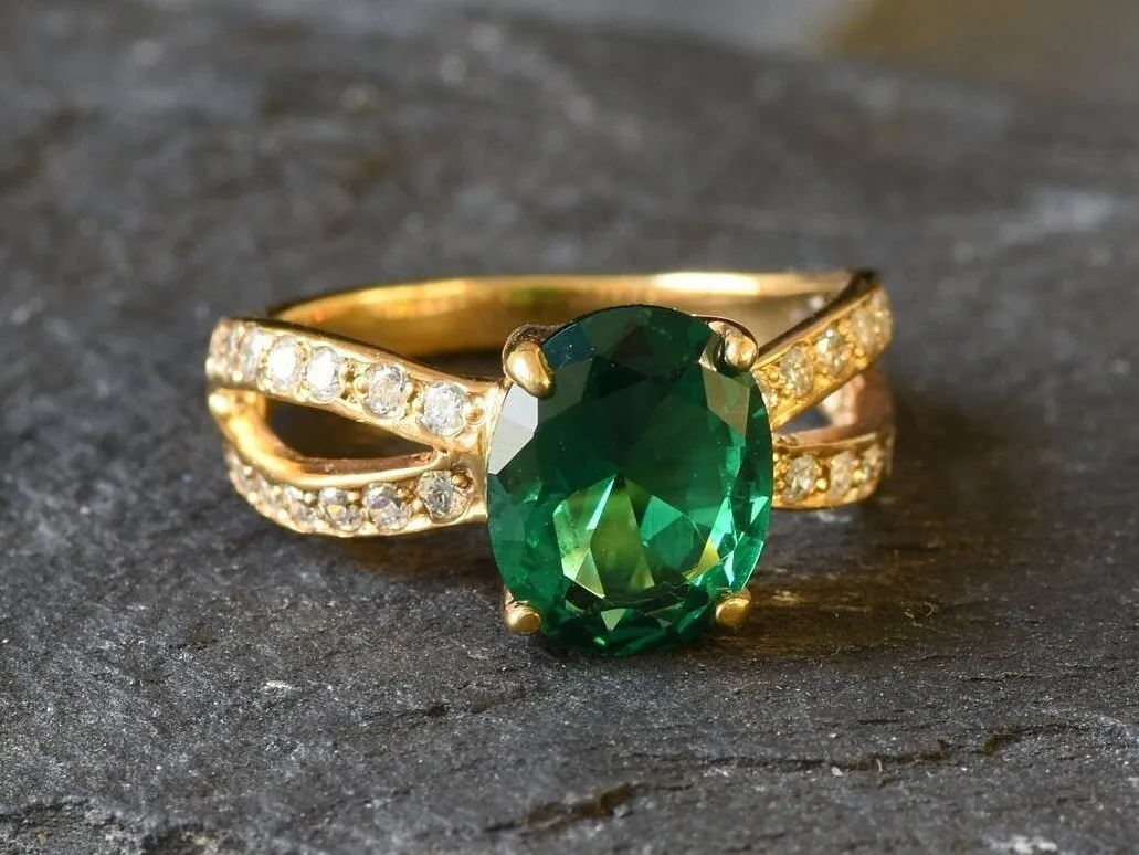 Vintage Emerald Ring - Gold Split Paved Band - May Birthstone Ring