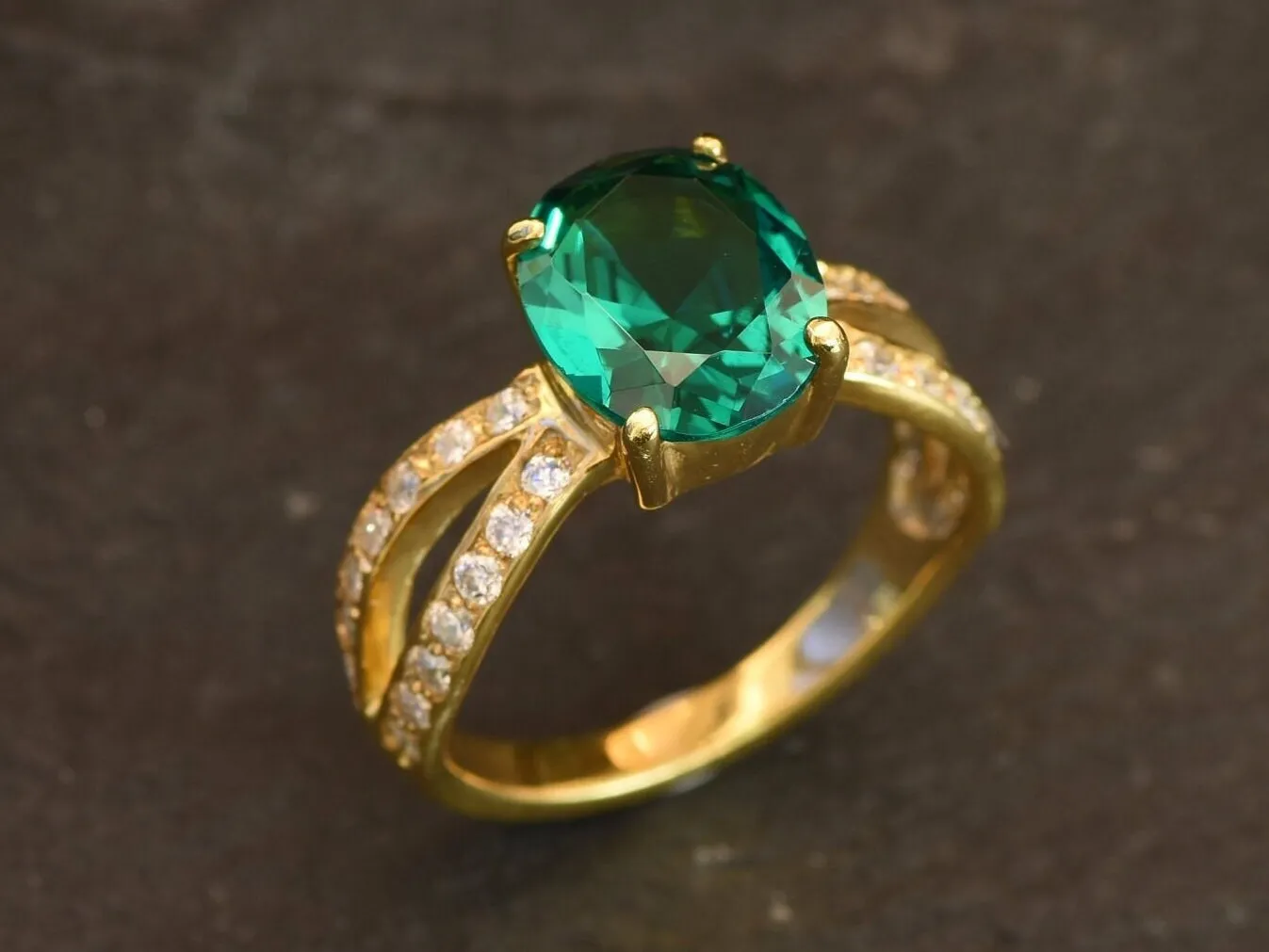 Vintage Emerald Ring - Gold Split Paved Band - May Birthstone Ring