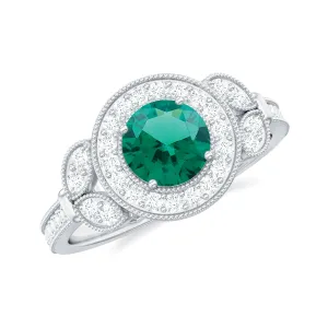 Vintage Inspired Created Emerald and Diamond Engagement Ring