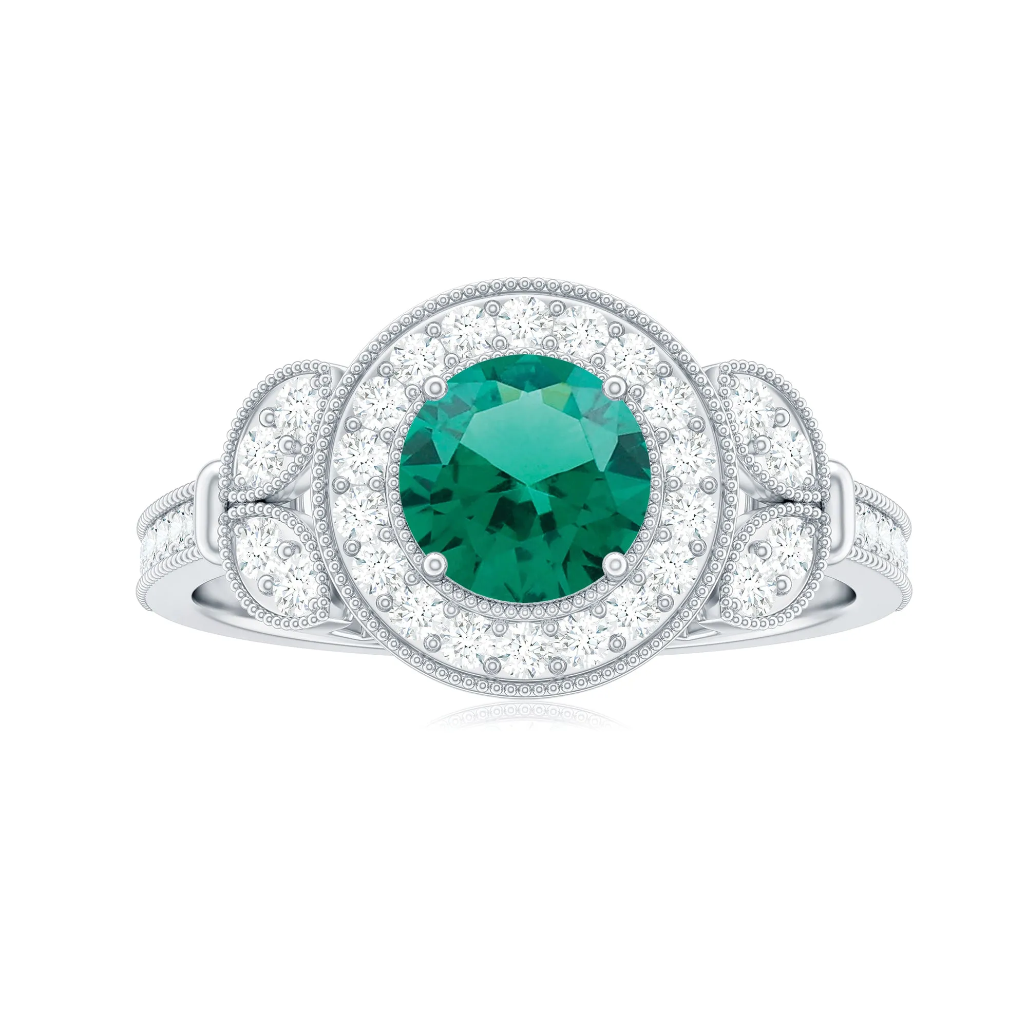 Vintage Inspired Created Emerald and Diamond Engagement Ring