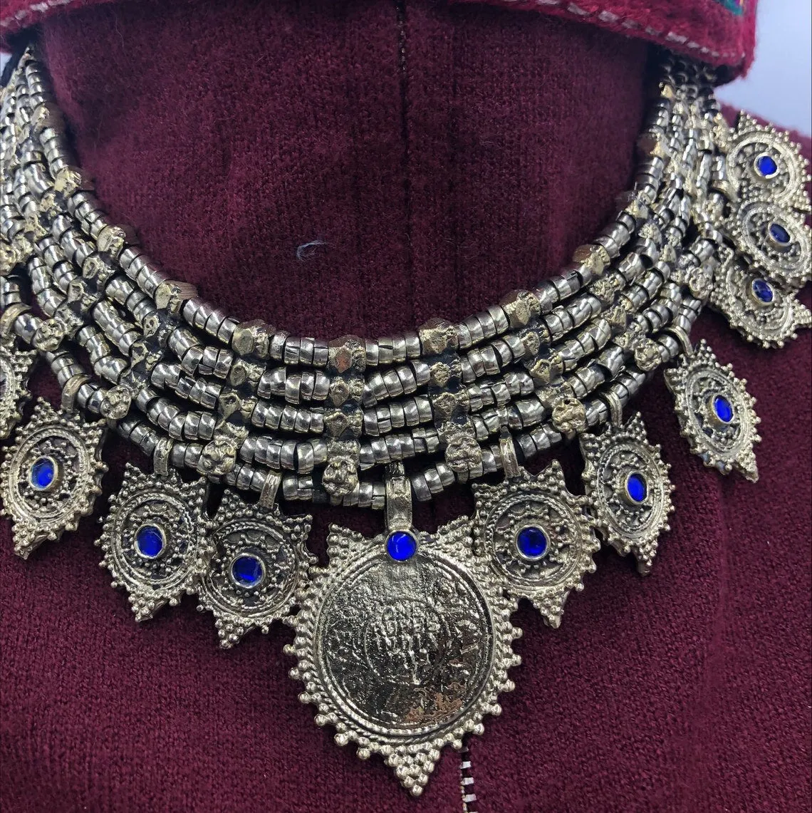 Vintage Multilayer Coins Necklace With Blue Glass Stones