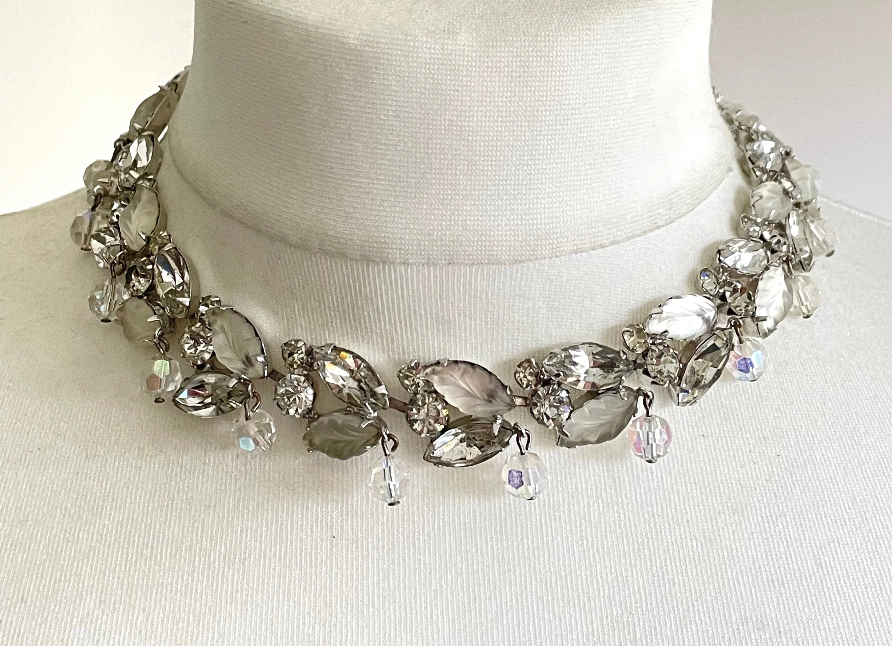 Vintage signed Kramer NY cloudy moulded glass & crystal rhinestone silver tone choker necklace with fringe beading, leaf garland design