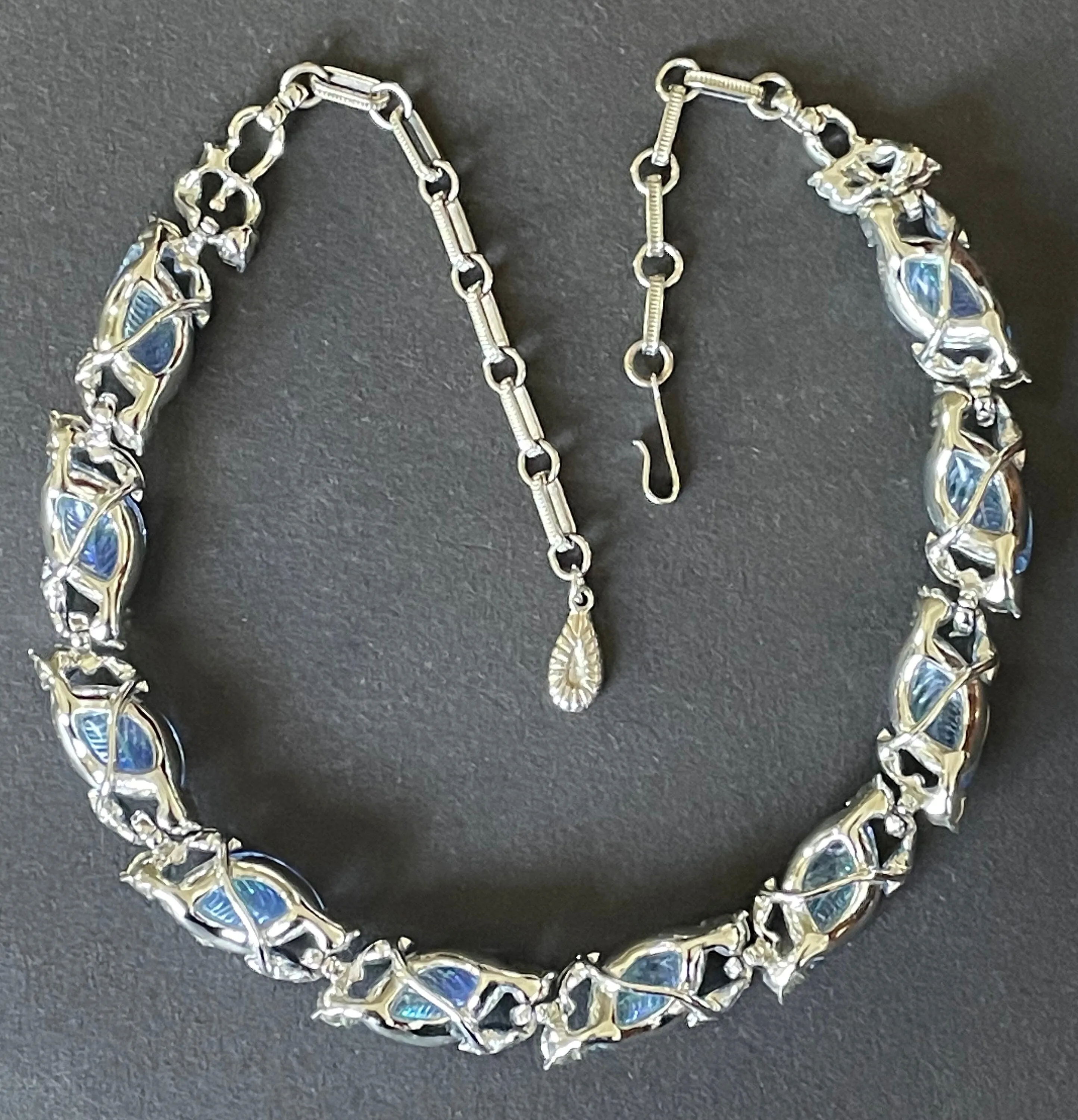 Vintage signed Lisner blue aurora borealis glass leaf, rhinestone and shiny silver tone collar choker necklace