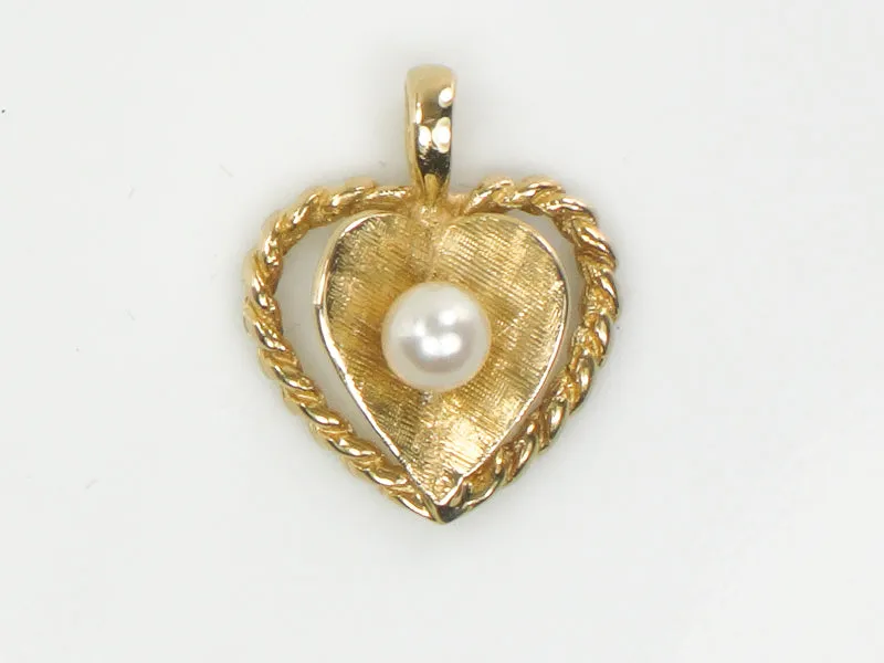 Vintage Small 14k Yellow Gold Cultured Pearl Heart Pendant