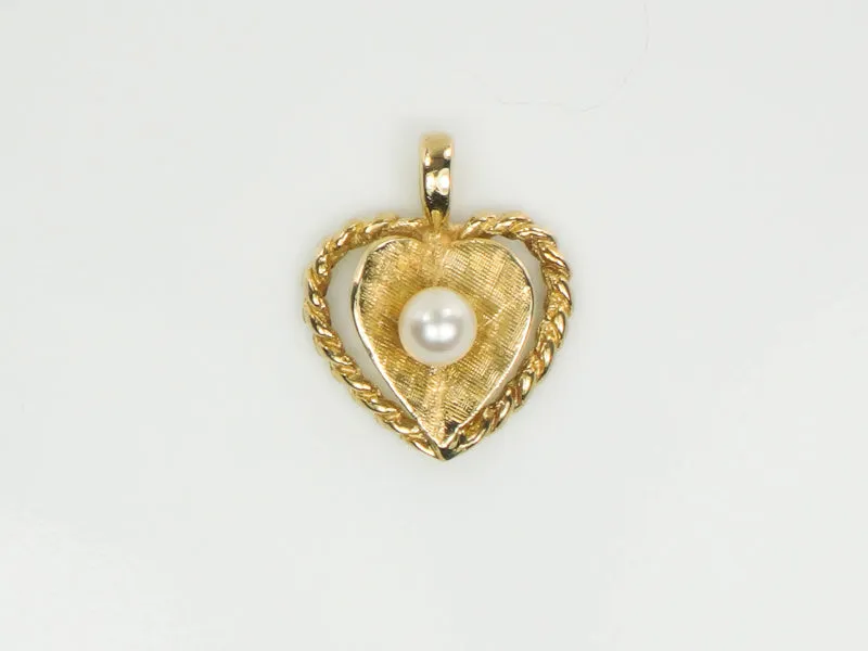 Vintage Small 14k Yellow Gold Cultured Pearl Heart Pendant