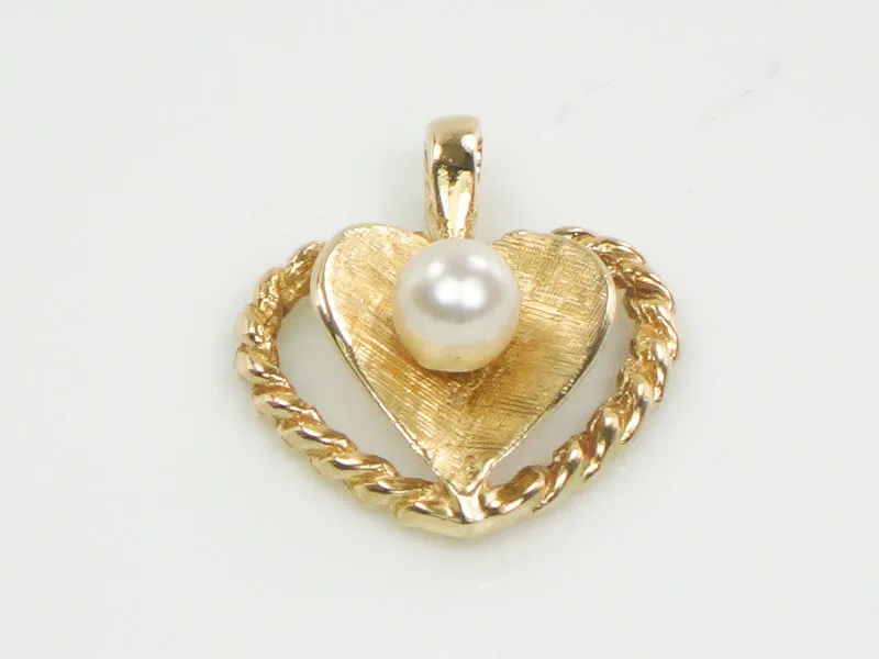 Vintage Small 14k Yellow Gold Cultured Pearl Heart Pendant