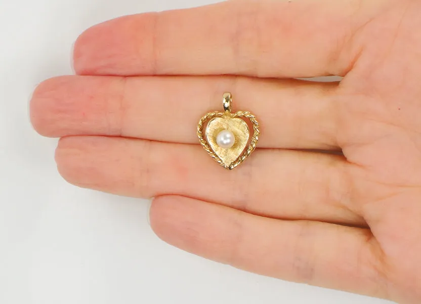 Vintage Small 14k Yellow Gold Cultured Pearl Heart Pendant