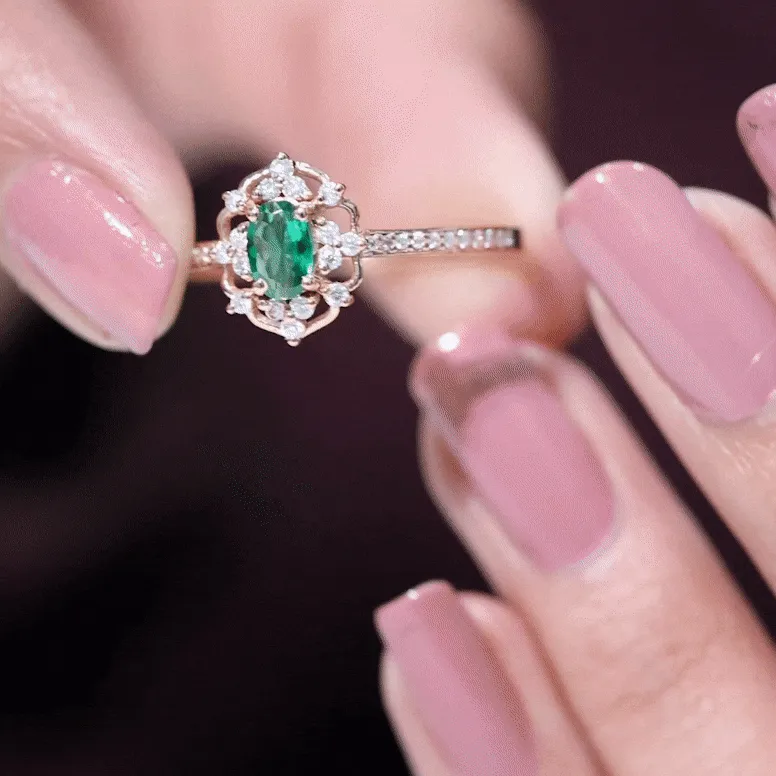 Vintage Style Lab Grown Emerald and Diamond Flower Engagement Ring