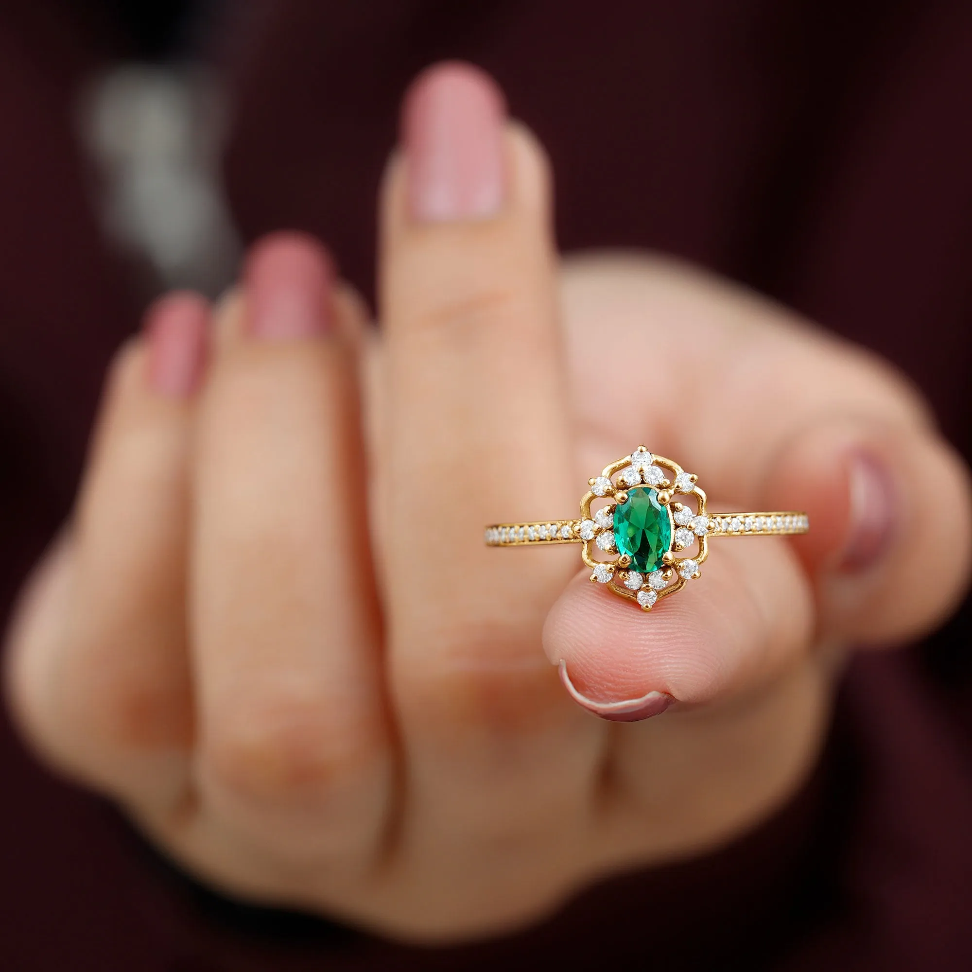 Vintage Style Lab Grown Emerald and Diamond Flower Engagement Ring