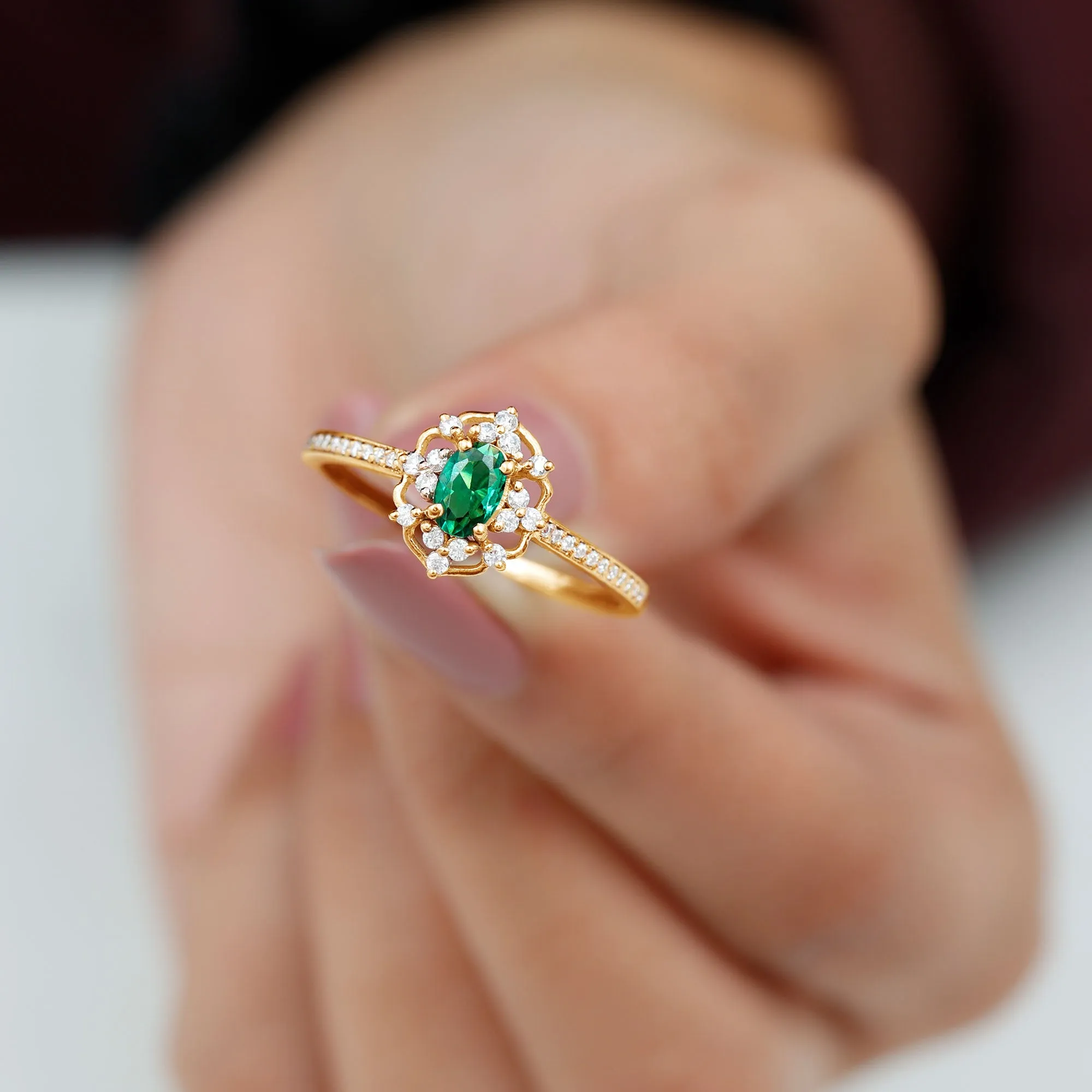 Vintage Style Lab Grown Emerald and Diamond Flower Engagement Ring