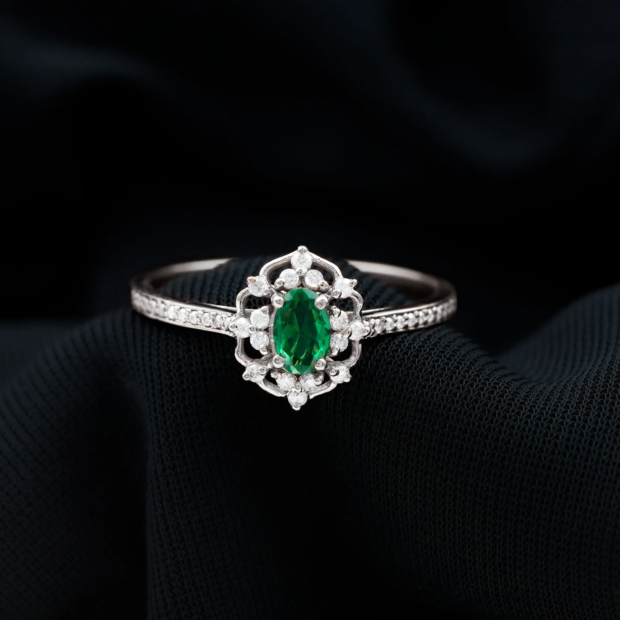 Vintage Style Lab Grown Emerald and Diamond Flower Engagement Ring