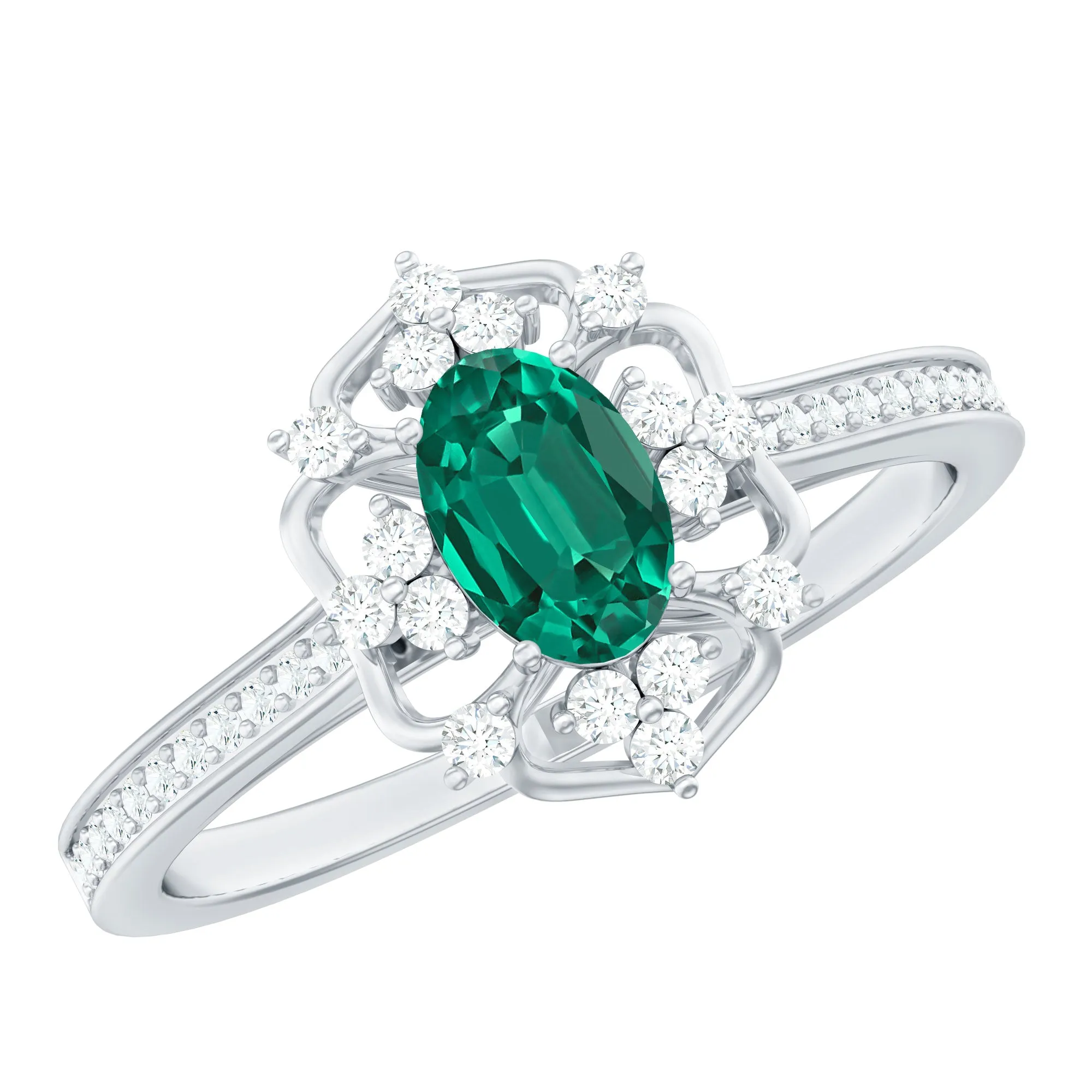 Vintage Style Lab Grown Emerald and Diamond Flower Engagement Ring