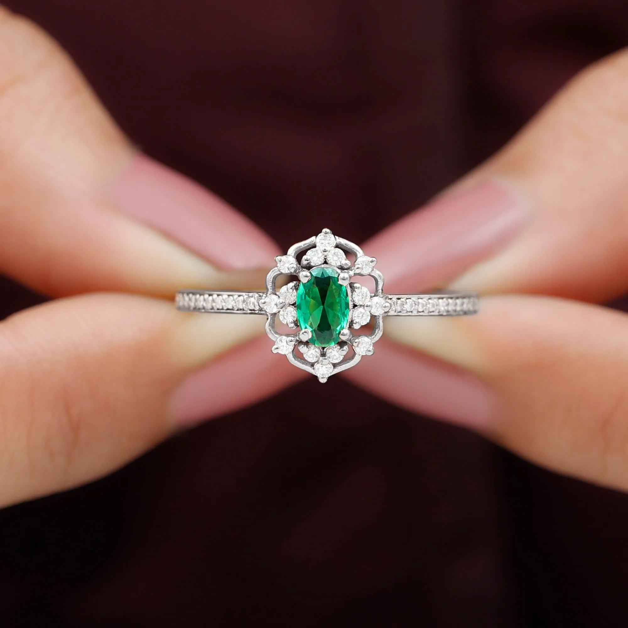 Vintage Style Lab Grown Emerald and Diamond Flower Engagement Ring