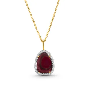 Watermelon Tourmaline And Diamond Pendant In 18K Yellow Gold